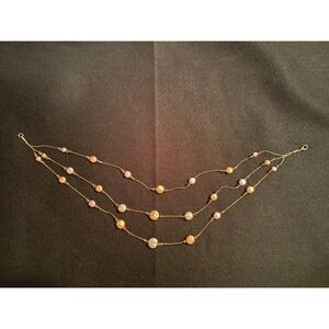Vintage Triple Strand Iridescent Coin Pearl Layered Necklace Gold Tone Beaded